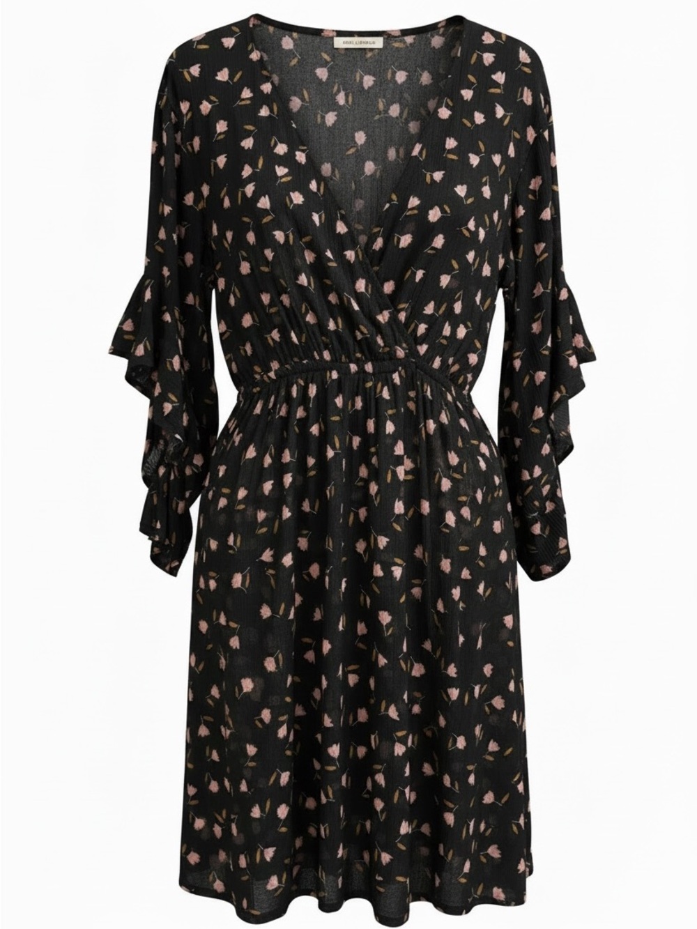 Billabong Black Floral V-Neck Ruffle Sleeve Dress - Pink Print